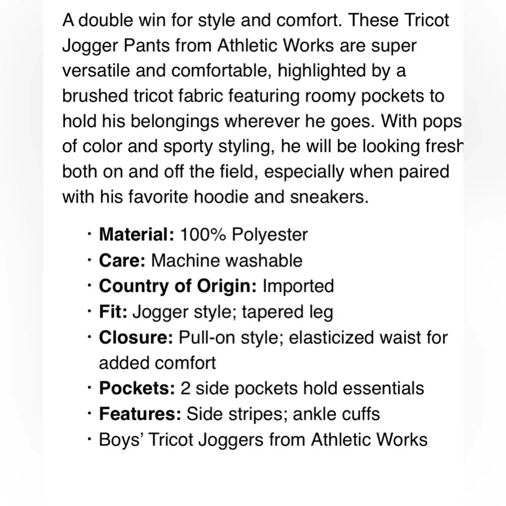 Athletic Works Boys’ Tricot Olive and Black Joggers! NWT! Size Small! - Picture 3 of 8